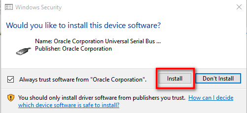 Install VirtualBox On Windows 10 -  Confirm to install driver for Windows