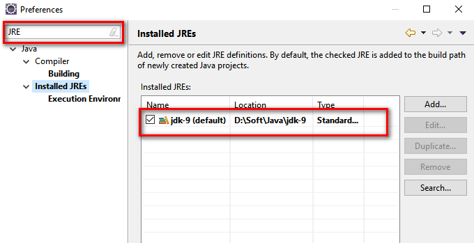 Set up Eclipse for Java 9 - JRE 9 is set default